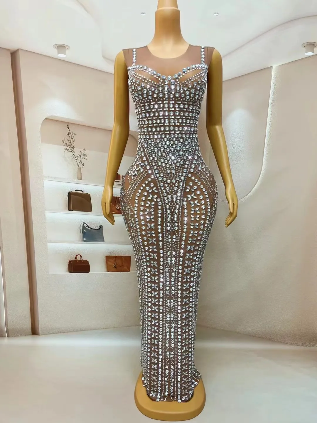 

Silver Big Rhinestones BrownTransparent Dress Birthday Celebrate Evening Stretch Costume Sexy Dance Performance Dress zhusheng