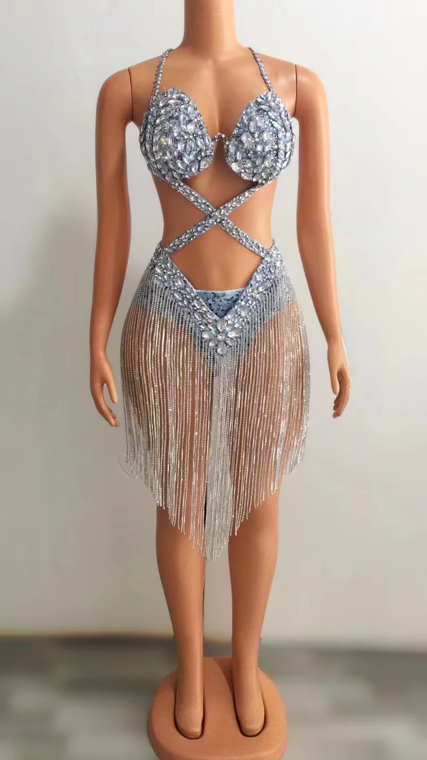 

Women Sexy Luxurious Crystals RhinestonesChains Backless Leotard Skirt Evening PromCelebriate Birthday Outfit Dance CostumeA126