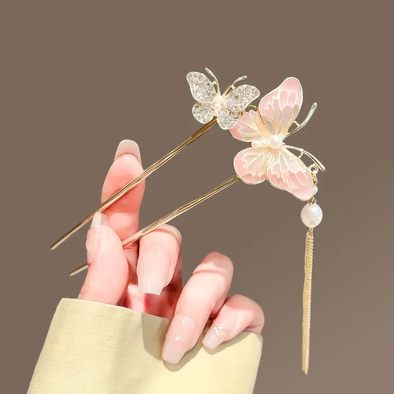 

U-образная заколка-бабочка, украшение для волос в древнем стиле с струящейся бахромой, двойная заколка для волос для головного убора Hanfu и Cheongsam