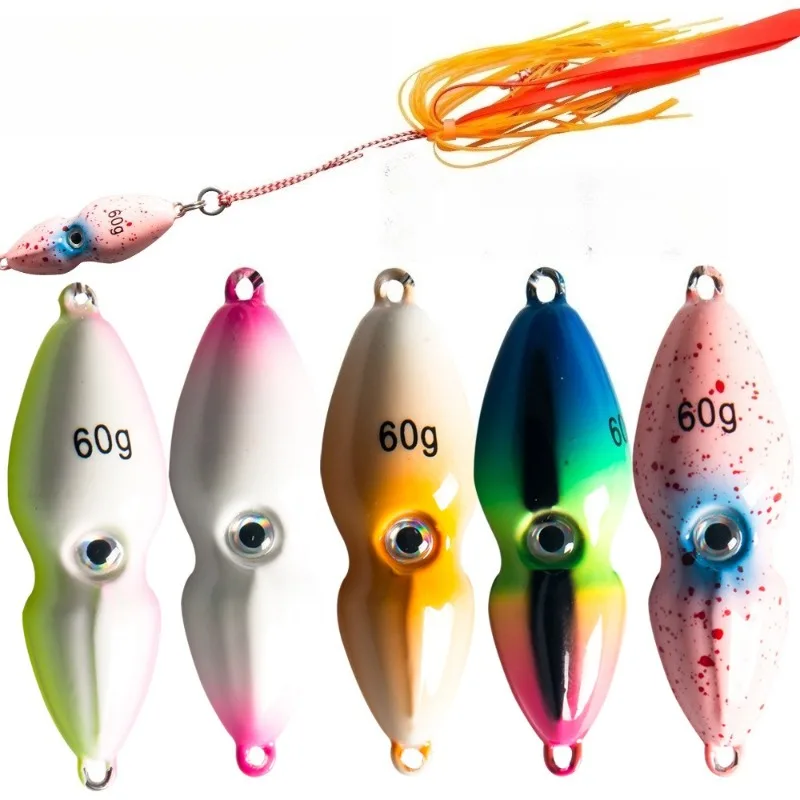 

2pcs Peanut Head Bionic Squid Slow Shake Fake Bait 40g/60/80/100g Sea Fishing Sea BassChapter Red Black head Iron Plate Roadbait