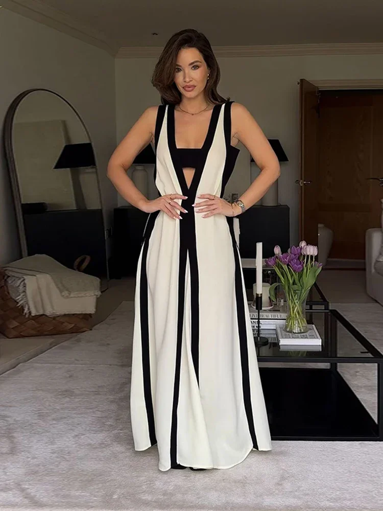 Fashion Hollow Out Contrasting Color Maxi Dress Women V Neck Sleeveless Loose Big Hem Dresses 2024 Summer Lady Casual Outfits 