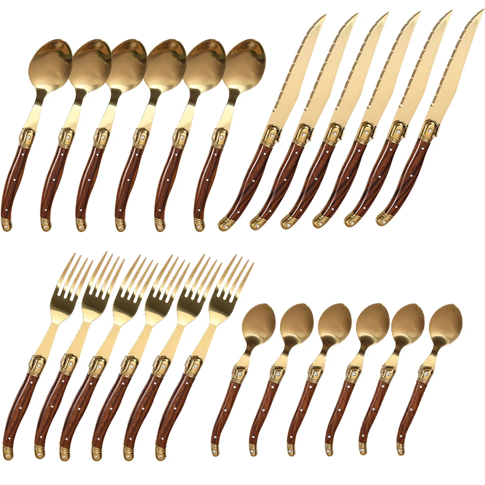 

Jaswehome 24Pc Laguiole Luxury Silverware Gold Sharp Blade Wedding Dinnerware Stainless Steel Steak Knives Forks Spoons Utensils