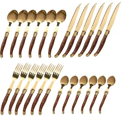 Jaswehome 24Pc Laguiole Luxury Silverware Gold Sharp Blade Wedding Dinnerware Stainless Steel Steak Knives Forks Spoons Utensils