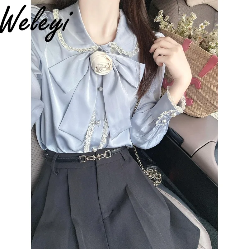 Temperament Camellia Bow Shirt Top Ropa Mujer Spring and Autumn Streetwear New Sweet Fashion Doll Collar Long Sleeve Slim Blusas