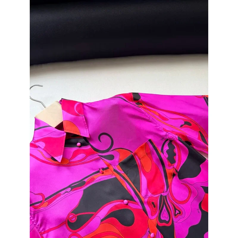 2026 Women Purple-red  Geometric Pattern Long Sleeve Silk Shirt