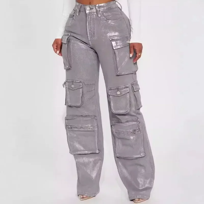 Pantalon cargo taille haute avec plusieurs poches pour femme, braguette boutonnée, robe droite décontractée, argent, métallique, dorure, mode, Y2K