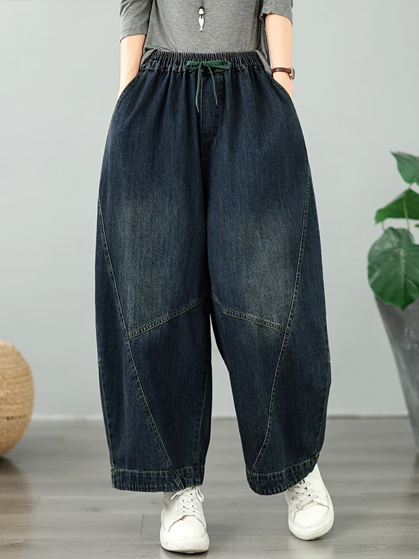  Women's Casual Straight Leg Jeans Loose Slimming Elastic Waist Denim Knife  Pants Cotton Polyester Blend