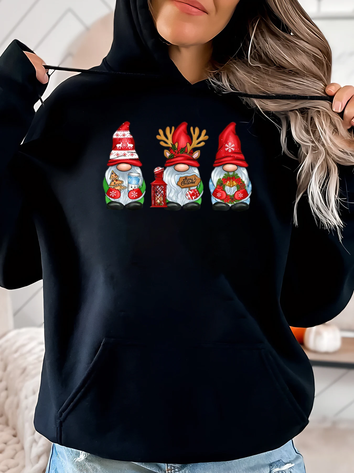 

Christmas Gnomes Print Holiday Hoodie Women Casual Winter Wear Black Plus-Size
