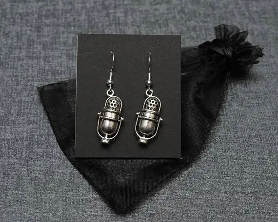 Fashion Radio DJ Microphone Earrings Silver Tone Cosplay Prop Women Stud