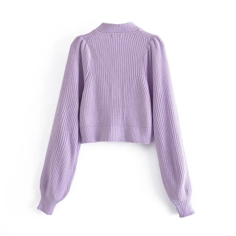 Vintage Purple Spliced Ribbon Bow Knitted Cardigan Women V neck Single-breasted Button Sweater Full Puff sleeve Short Jumper