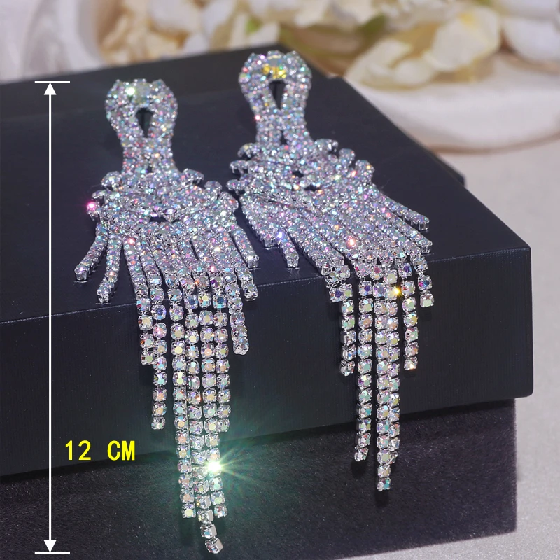 Fashion Long Tassel Earrings for Women Wedding Party Jewelry Accessories Luxury Sparkling Crystal Rhinestone Drop Dangle Earring