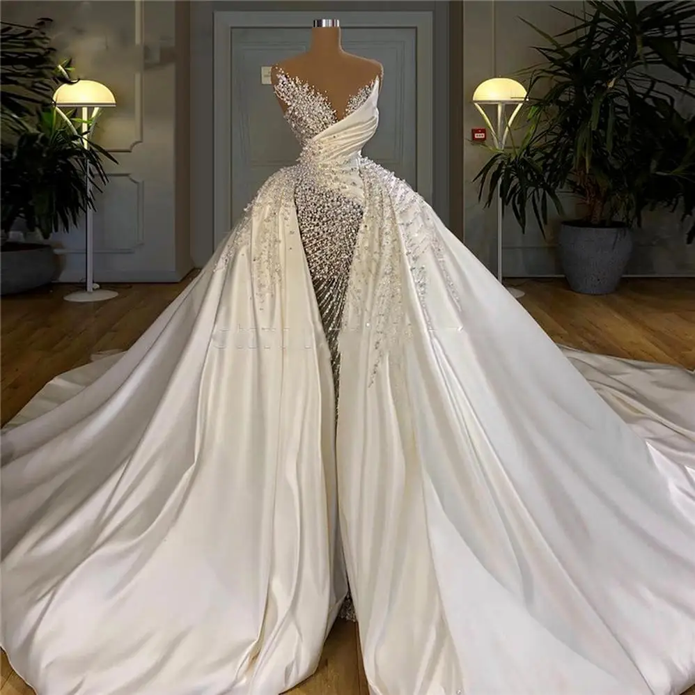 

Major Pearls Long Wedding Dresses Luxury Wedding Gowns Sexy Off Shoulder Customized Bridal Gown Sheer Removable Overskirt Beaded