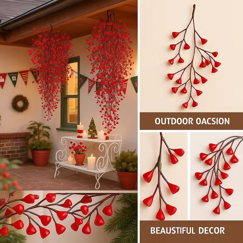 1 قطعة مجموعة إكليل الزهور الاصطناعية البونسيتة الحمراء الواقعية والجرس الذهبي الصفصاف الكرمة مع أوراق الشجر الخضراء اليدوية المظهر واقعية #2