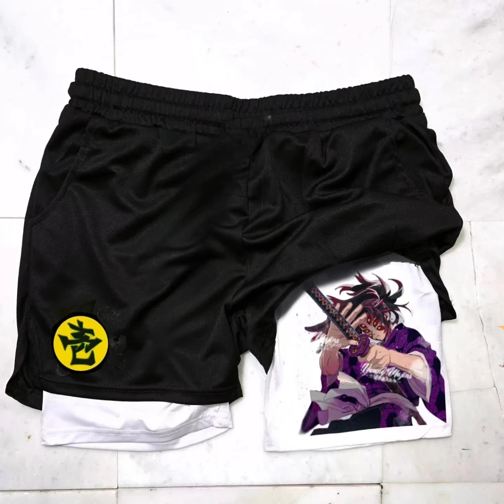 Demon Slayer Original พิมพ์กีฬา Double-Layer กางเกงขาสั้นฤดูร้อน Men's GYM ฟิตเนส Breathable Quick-Drying Casual 2-in-1 กางเกงขาสั้น