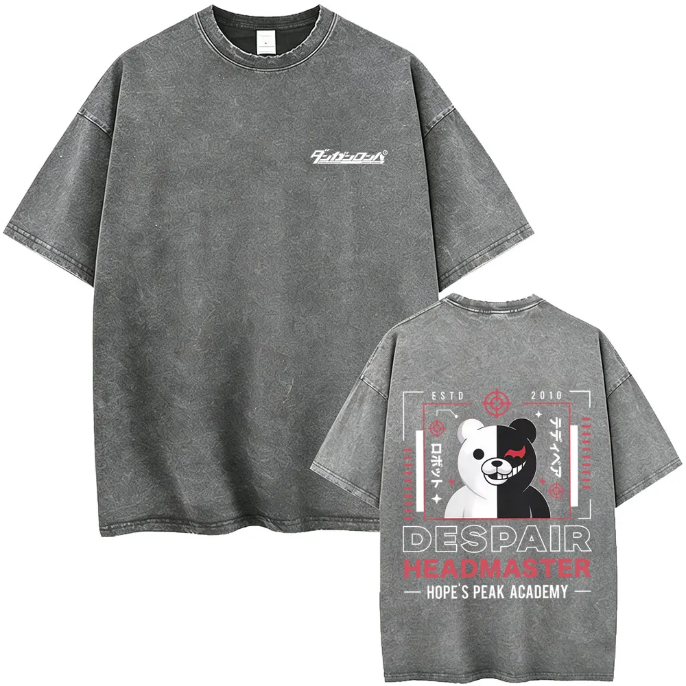 Anime Danganronpa Despair Headmaster Monokuma Vintage Washed T-shirt Men's Women Clothing Manga Oversized T Shirts Streetwear