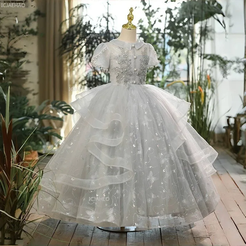 

Вечернее платье принцессы для девочек, детское праздничное платье с цветочным узором для девочек на день рождения, свадебное представление, вечерняя одежда, пышное платье для фортепиано