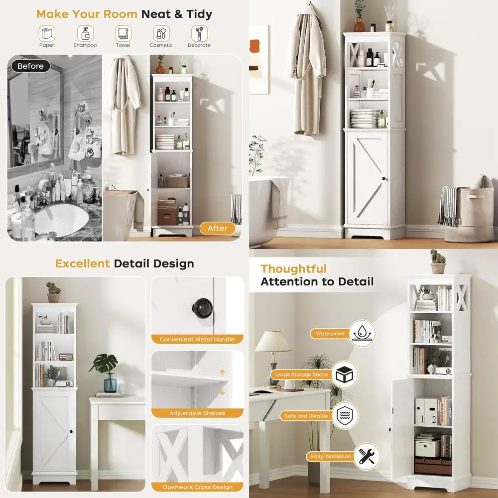 

White Wooden Tall Corner Storage Cabinet with Door and Adjustable Shelves, 60.9 H, for Kitchen and Entryway