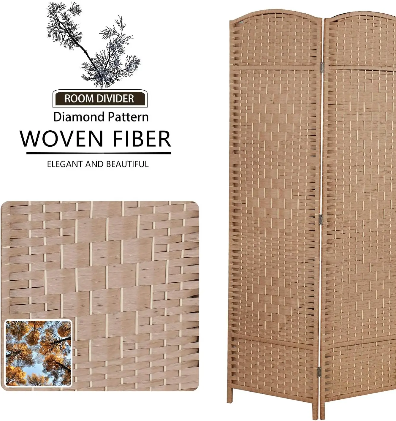 

6 ft. Tall Room Divider and Folding Privacy Screen, Weave Fiber Foldable Panel Wall Divider with Diamond Pattern Weaved