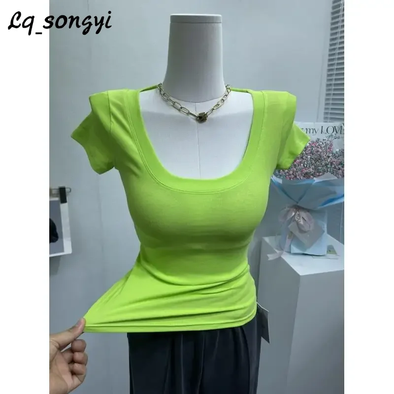 

Lq_songyi Summer Women Tops U Neck Short Crop T Shirts Short Sleeve Solid Basic Slim T Shirt High Strecth Tight Female Thin Top