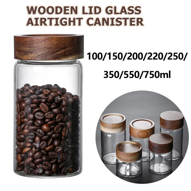 Wooden Lid Clear Glass Sealing Jar Sealed Coffee Bean Storage Jar Kitchen Storage Bottle Sealed Food Container Tea Coffee Bean