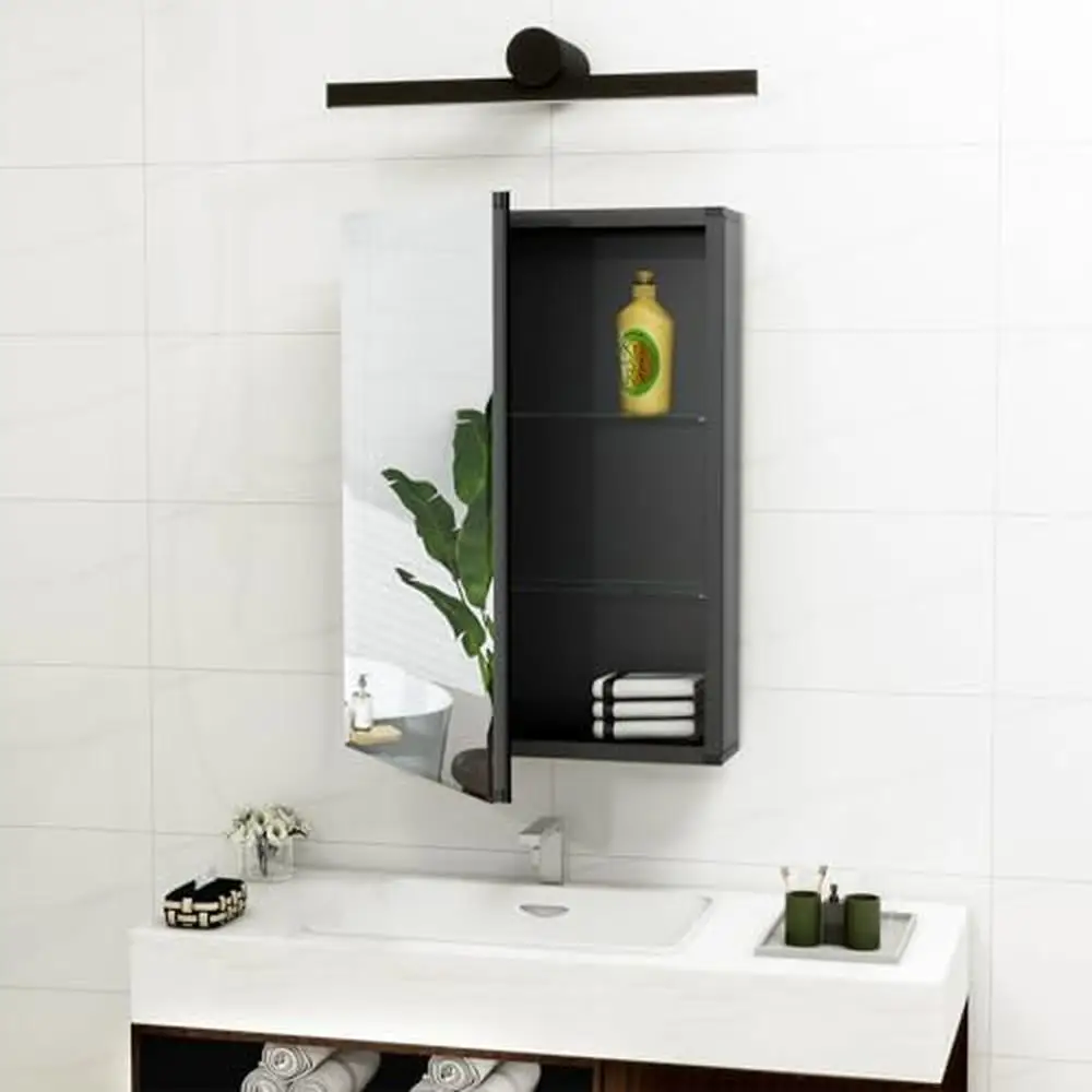 Black Aluminum Bathroom Wall Cabinet with Mirror Adjustable Glass Shelves Soft Close Hinge 14 x 24 inches Reversible Opening