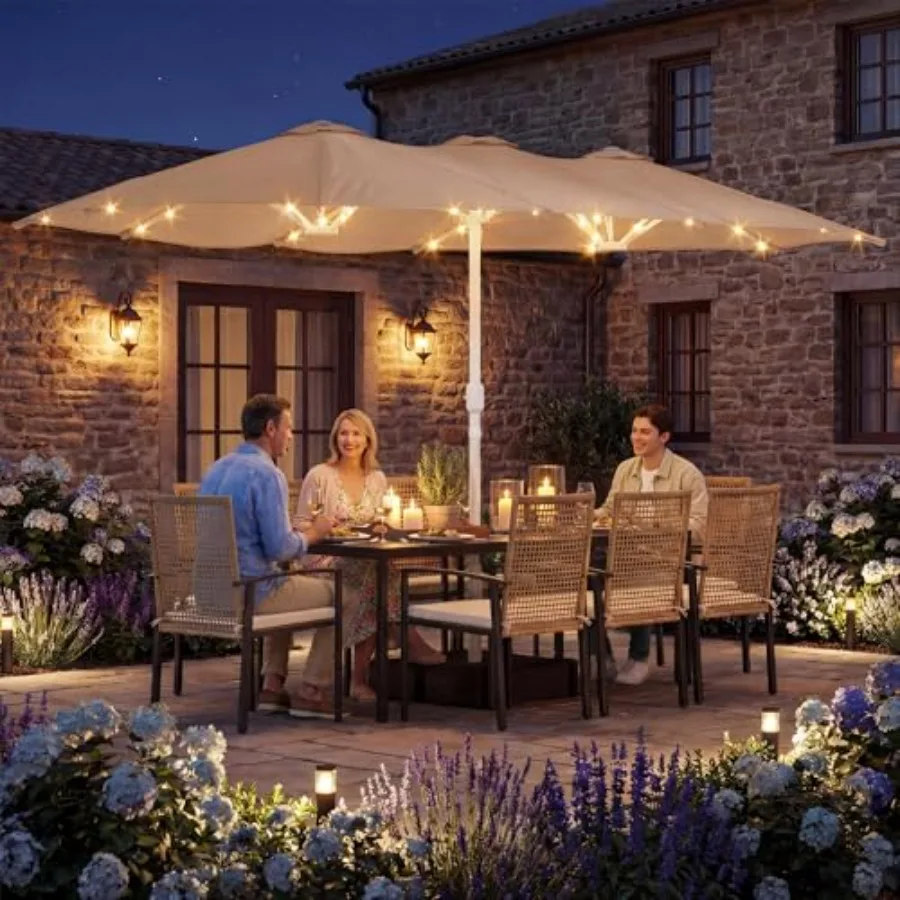 15Feet Double-Sided Patio Umbrella with Solar Lights and Base Included, Large Patio Umbrella with 48 LED Dual-Color Lights, 135