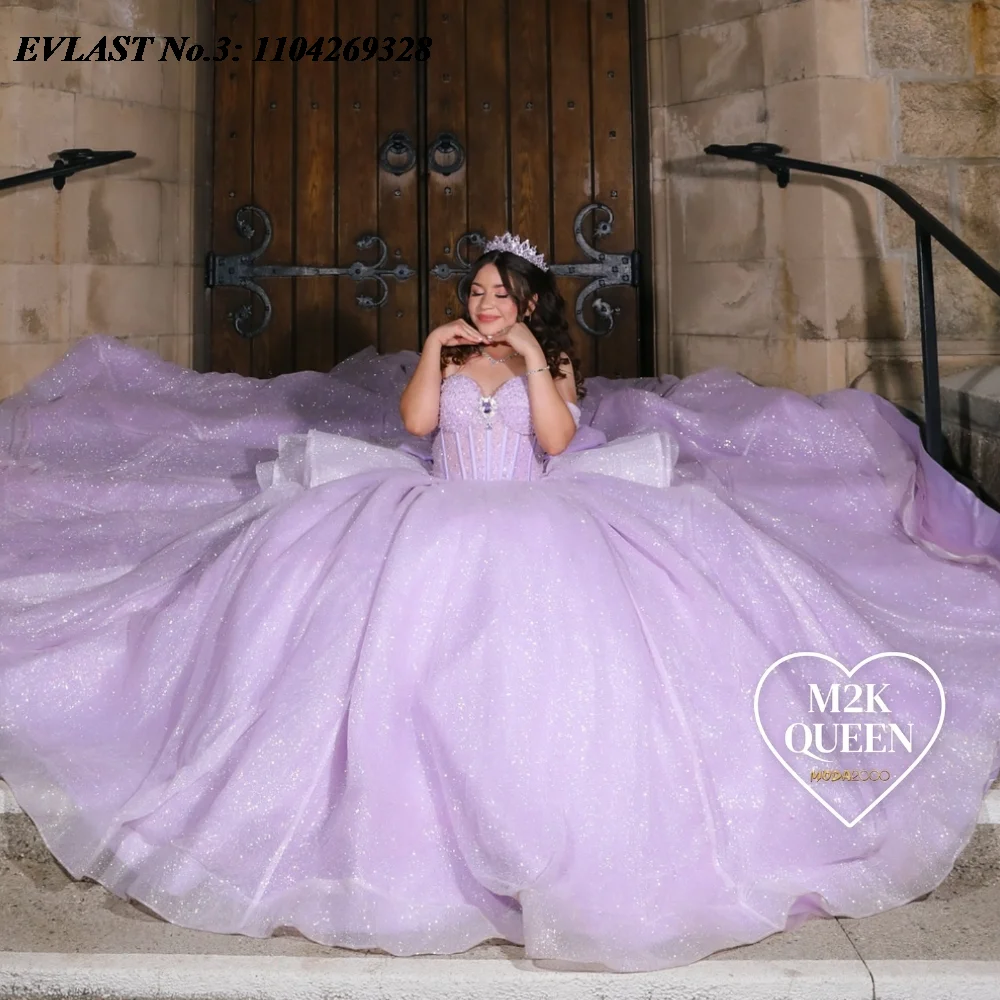 EVLAST Customized Mexican Lilac Quinceanera Dress Ball Gown Shiny Applique Beading Corset Bow Sweet 16 Vestido De 15 Anos E3Q225