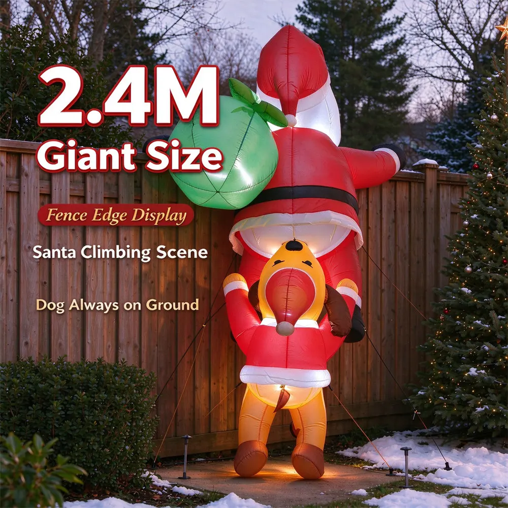 2.4M Hanging Inflatable Santa & Dog Christmas Yard Decoration with LED Lights for Xmas Roof Window Outdoor Holiday Decorative