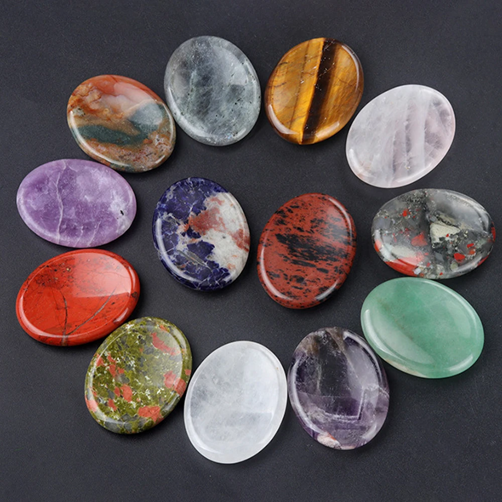 Energy Natural Crystal Beads Oval Thumb Worry Stones Amethyst Rose Quartz No Hole Beads for DIY Jewelry Accessories 35x45mm