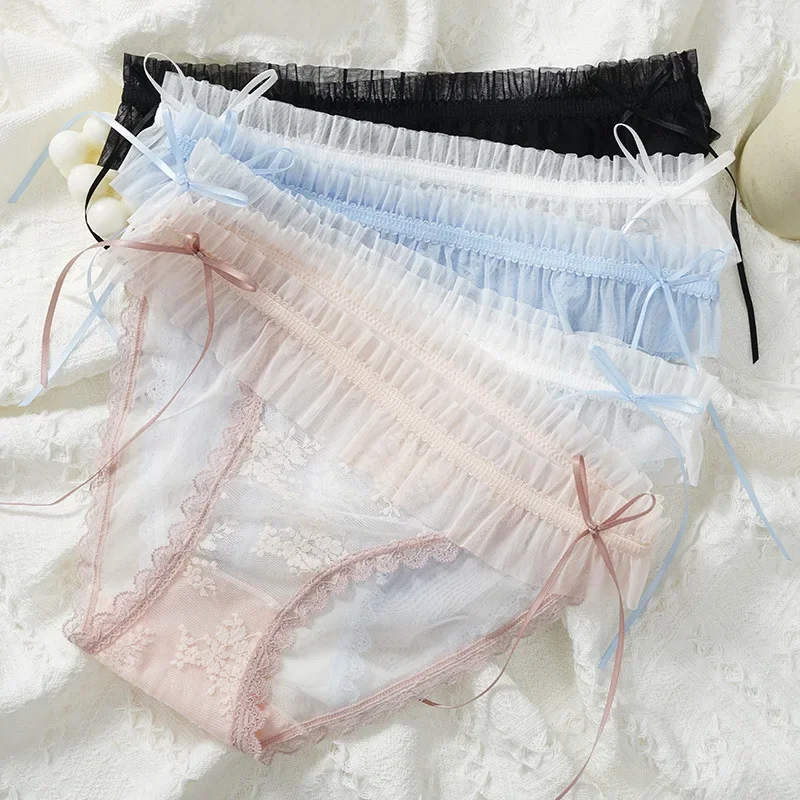 

Sexy Lace Flowers Mesh Transparent Underwear High Elasticity Bow Cute Lovely Sweety Middle Waist Panties Princess Style Breifs