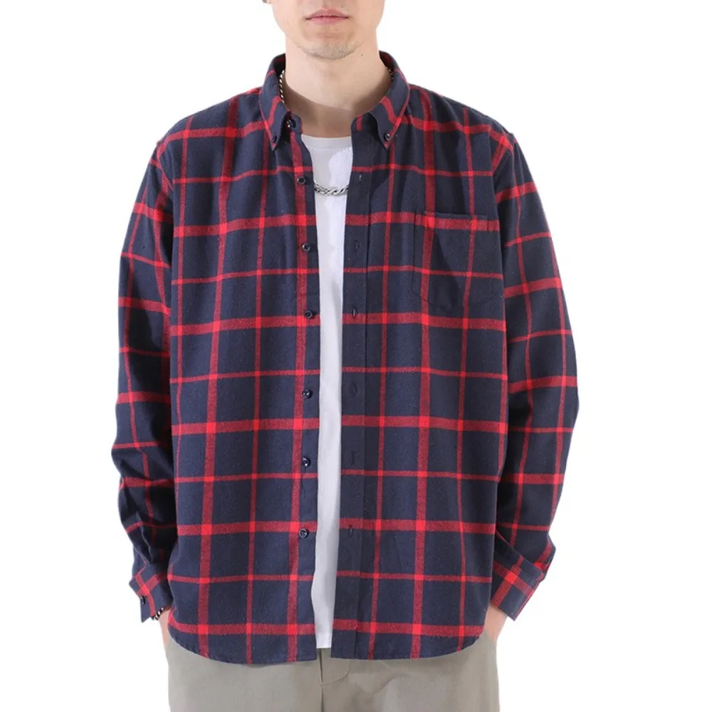 

Korean Cotton Men Blouse Button Up Large Size Grid Blouse Women Loose All Match Long Sleeve Overshirts Unisex Students