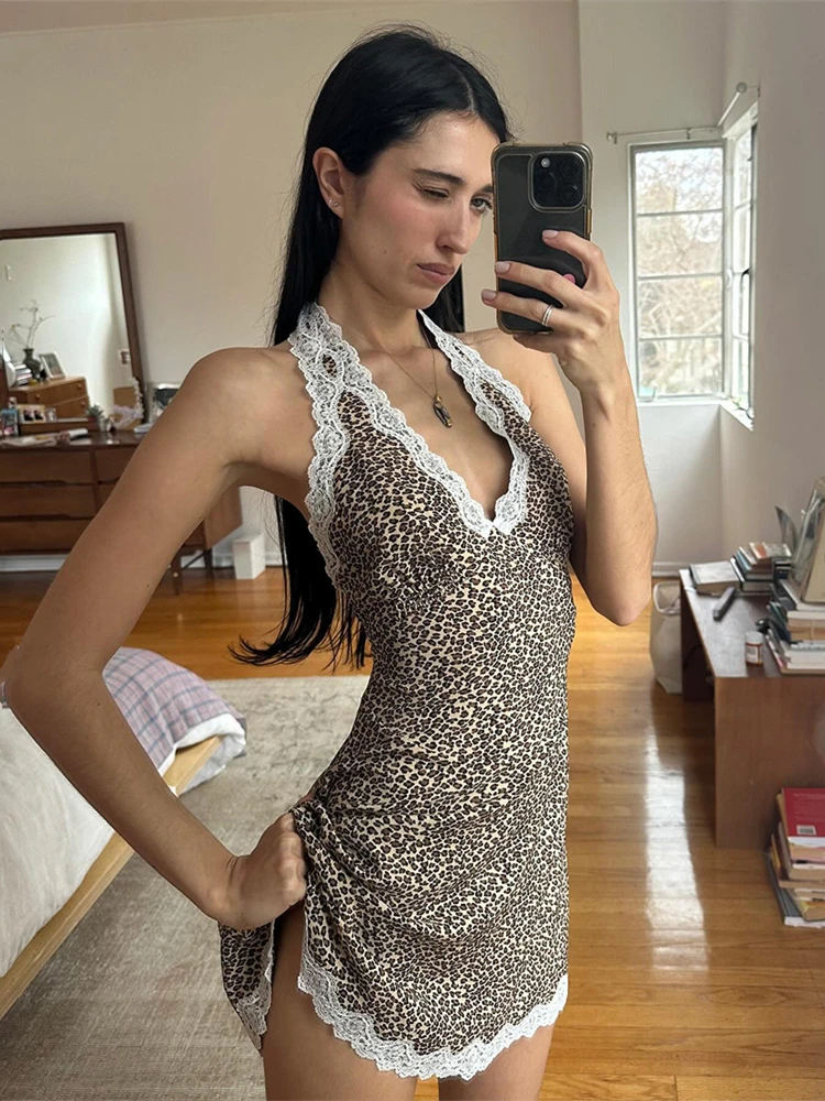 

Absobe Lace Patchwork Leopard Print A-Line Mini Dress Halter Tie-V Neck Backless Slim Sexy Short Dress For Women Chic Partywear