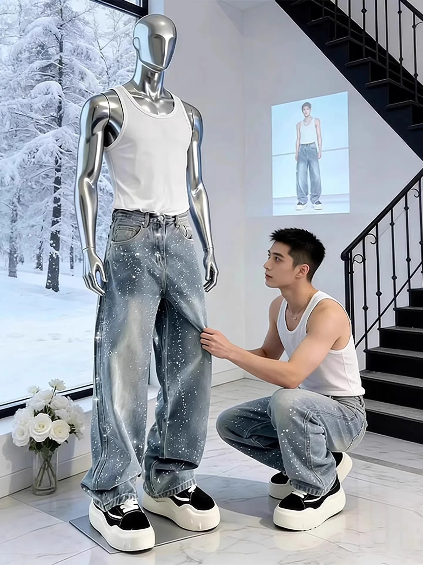 

Blue Straight Leg Wide Leg Jeans Men's American Sle Trendy High Waist Denim Pants Casual Comfortable Loose Fit All Seasons