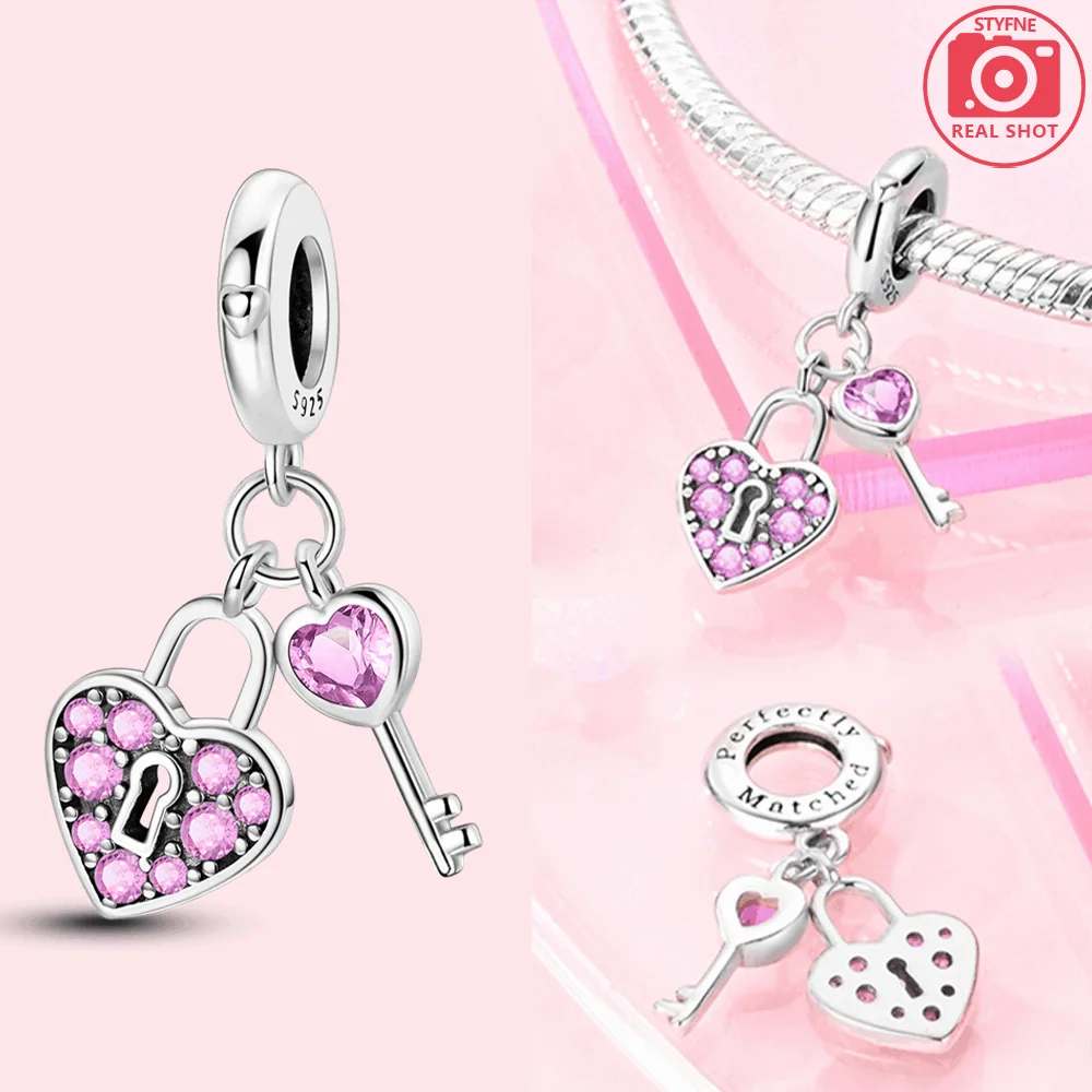 925 Sterling Silver Pink Heart Lock Charms Beads Fit Original Bracelets Bag Keychain Earring Pendant Diy Women Jewelry Gift