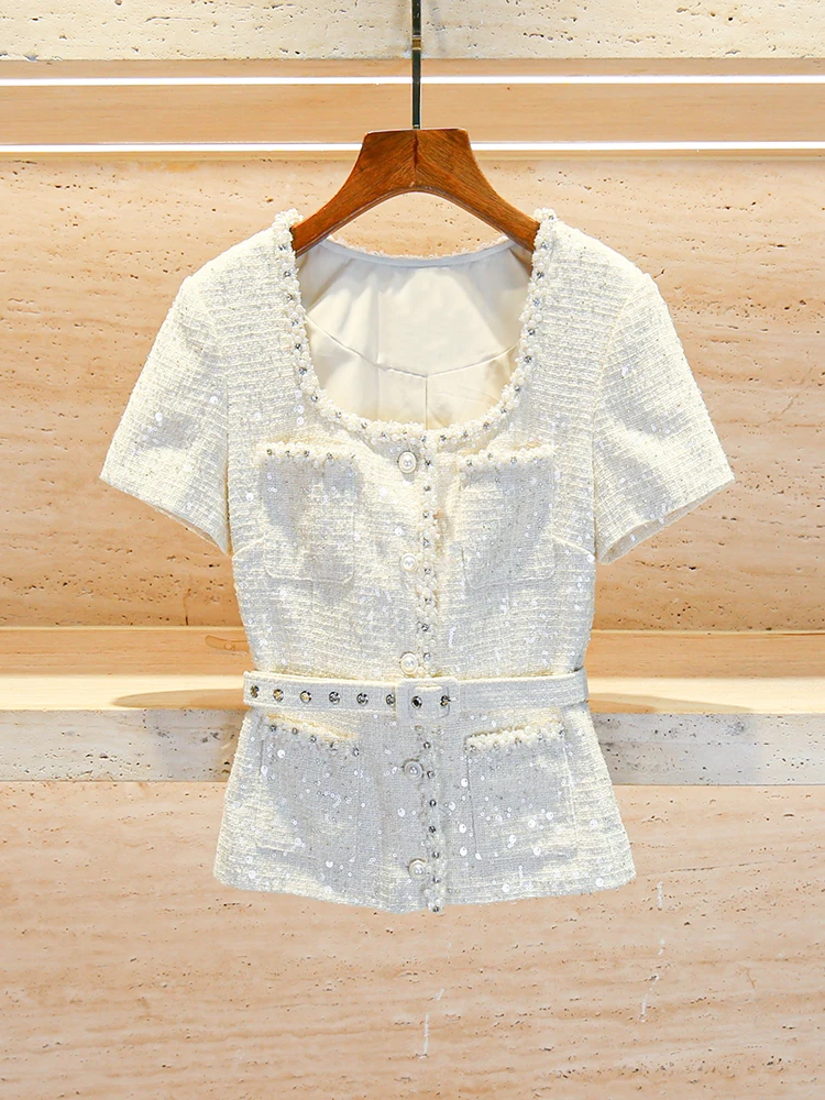 Angxia الثقيلة Embellied الترتر ساحة طوق مفتوح سترة ملابس خارجية Ele Sle فضفاضة تناسب ort Sve زر إغلاق