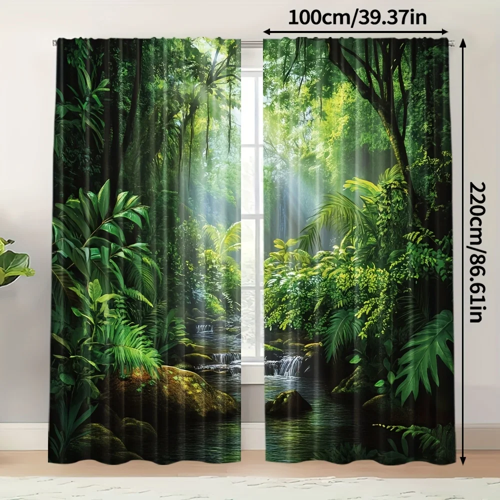 2pcs Tropical Rainforest Print Curtains Jungle Stream Nature Scenery Polyester Window Drapes for Living Room Bedroom Decor