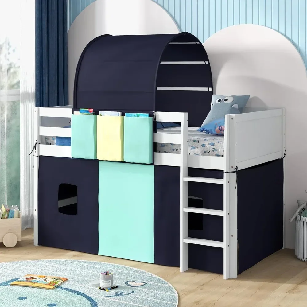 Children's double bed loft bed with tower, 3 storage bags, solid wood ladder, guardrail and wooden board, children's bed