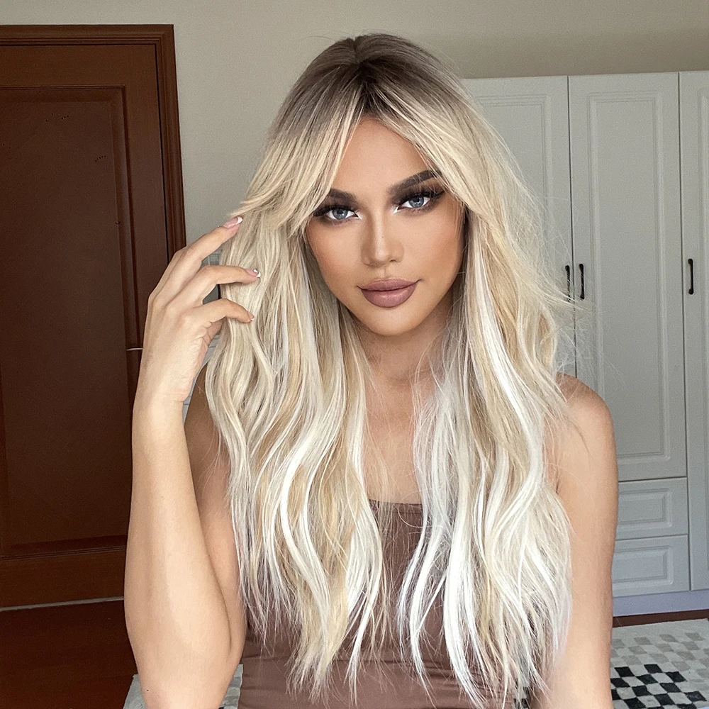 Long Blonde Platinum Wigs Natural Wavy Synthetic Wig for Women Afro Cosplay Party Wig Heat Resistant Long Culry Hiar With Bangs