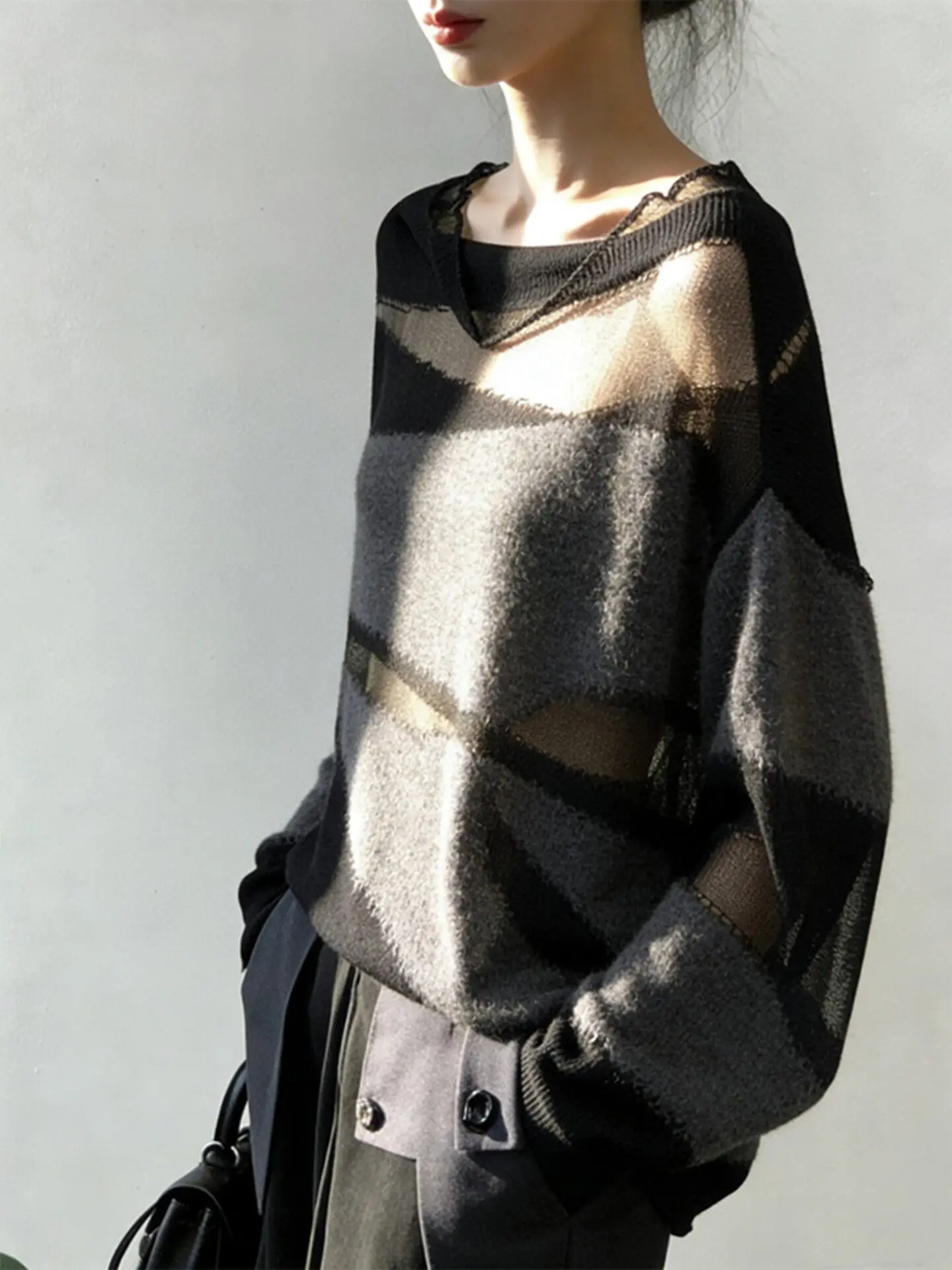 Black Pullover Sweater Color Blocking Slightly Transparent Knit Personalized Fashionable Sexy Loose Fitting Cover Women's Top