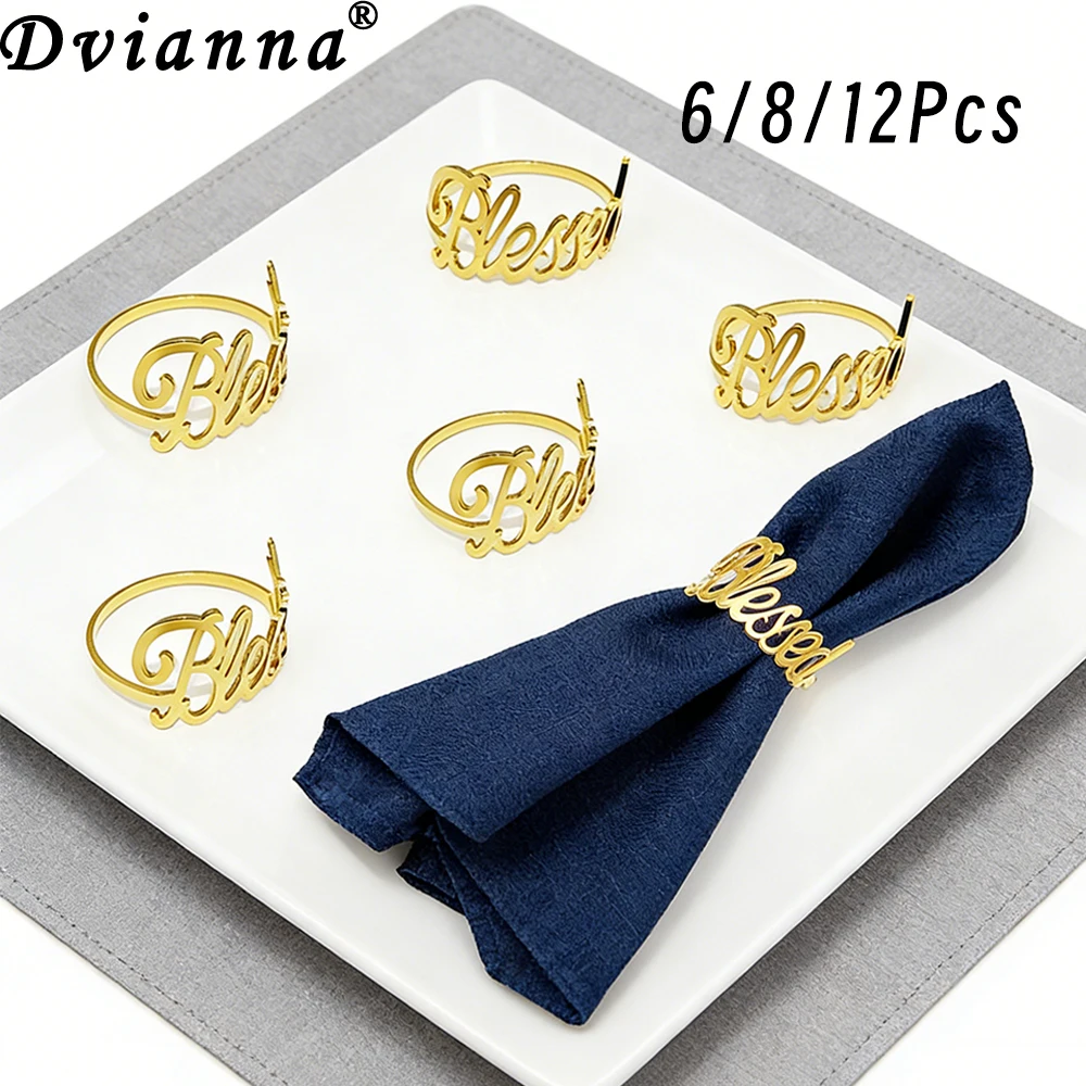 6/8/12Pcs Blessed Napkin Rings Gold Metal Hollow Napkin Holders for Wedding Party Dinner Home Table Decoration Supplies