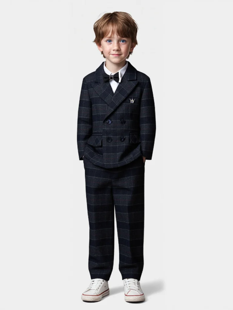 

Flower Boys 5Pieces Black Plaid Jacet Vest Pants Bowtie Brooch Wedding Suit Kids Piano Host Speech Performance Costume