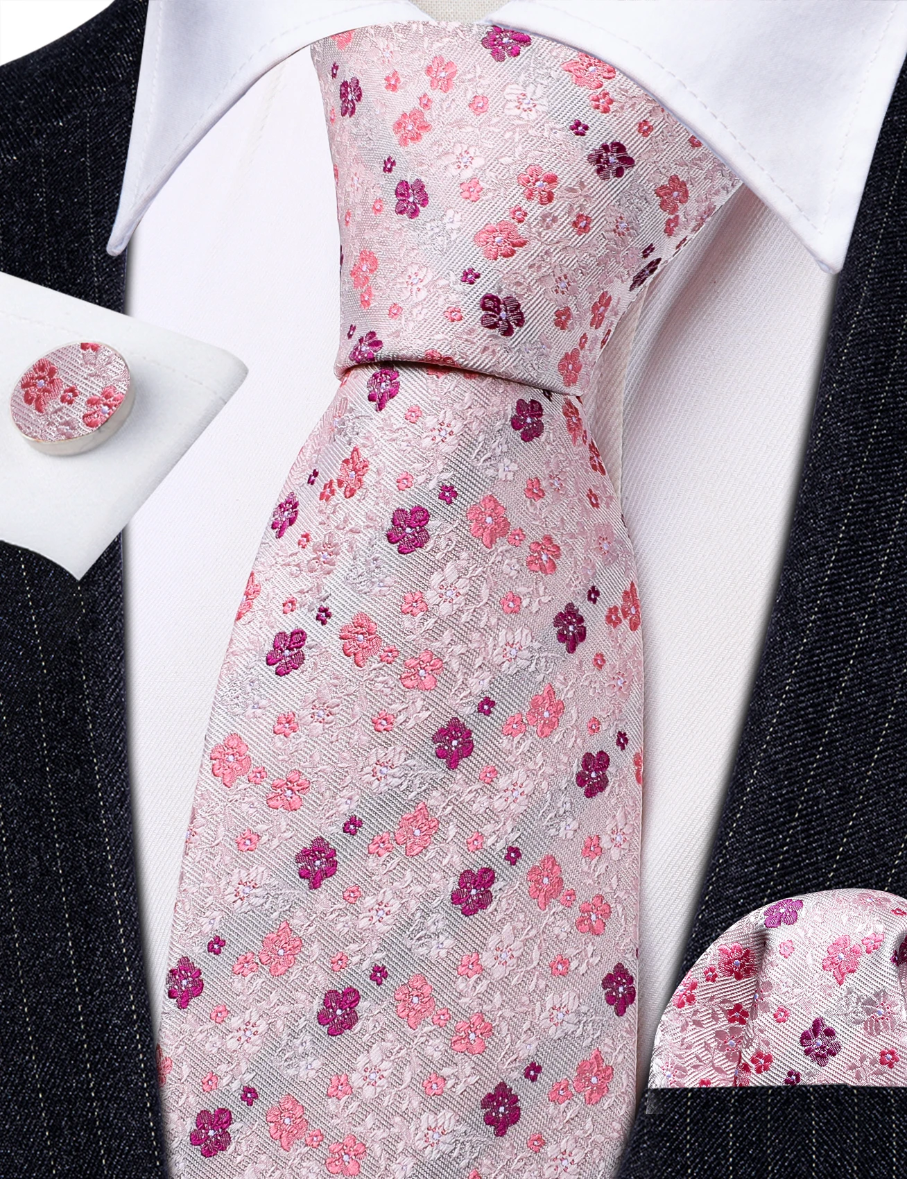 

Barry.Wang Pink Necktie For Men Elegant Silk Floral Woven Pocket Square Cufflinks Tie Sets Groom Wedding Party Designer FA-6492