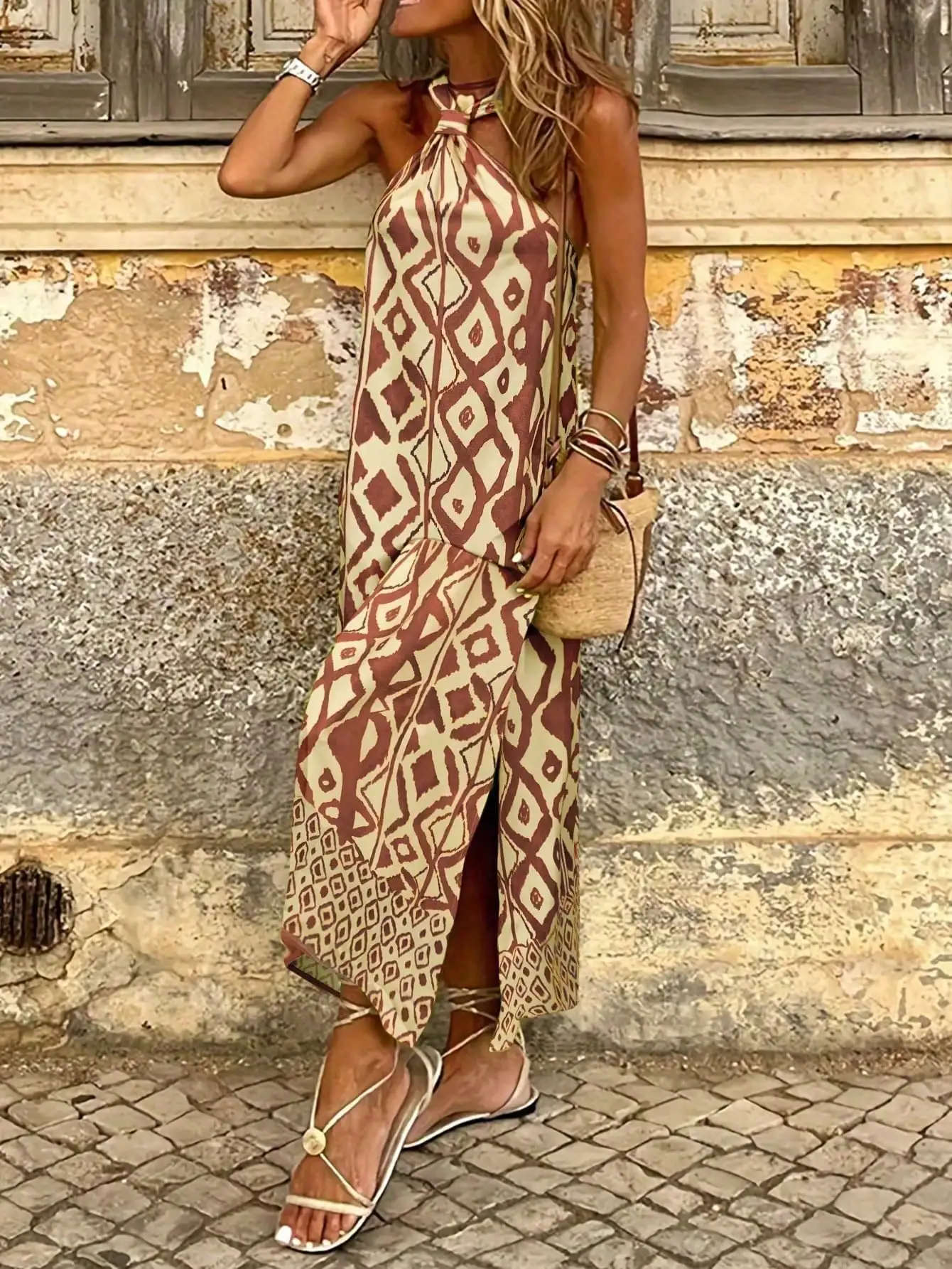 Womens Boho Geometric Print Halter Neck Maxi Dress Sleeveless Backless High Split Summer Beach Vacation Long Dress