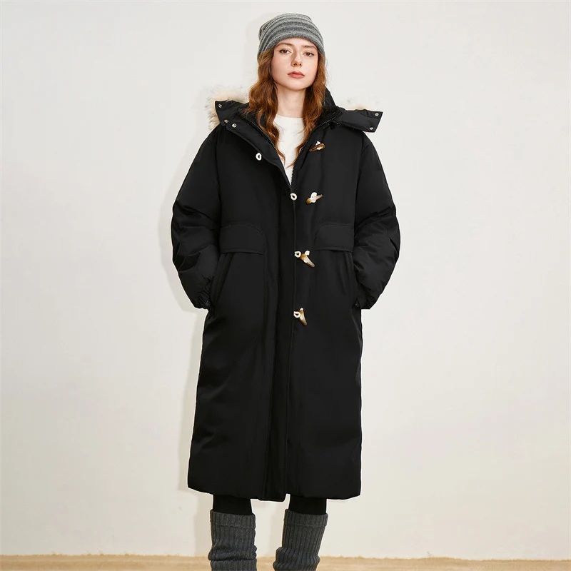 TOYOUTH-Chaqueta de plumón 90% para mujer, abrigo largo de tres pruebas con cuello de piel nueva, con capucha, hebilla de cuerno de vaca, invierno, 2025