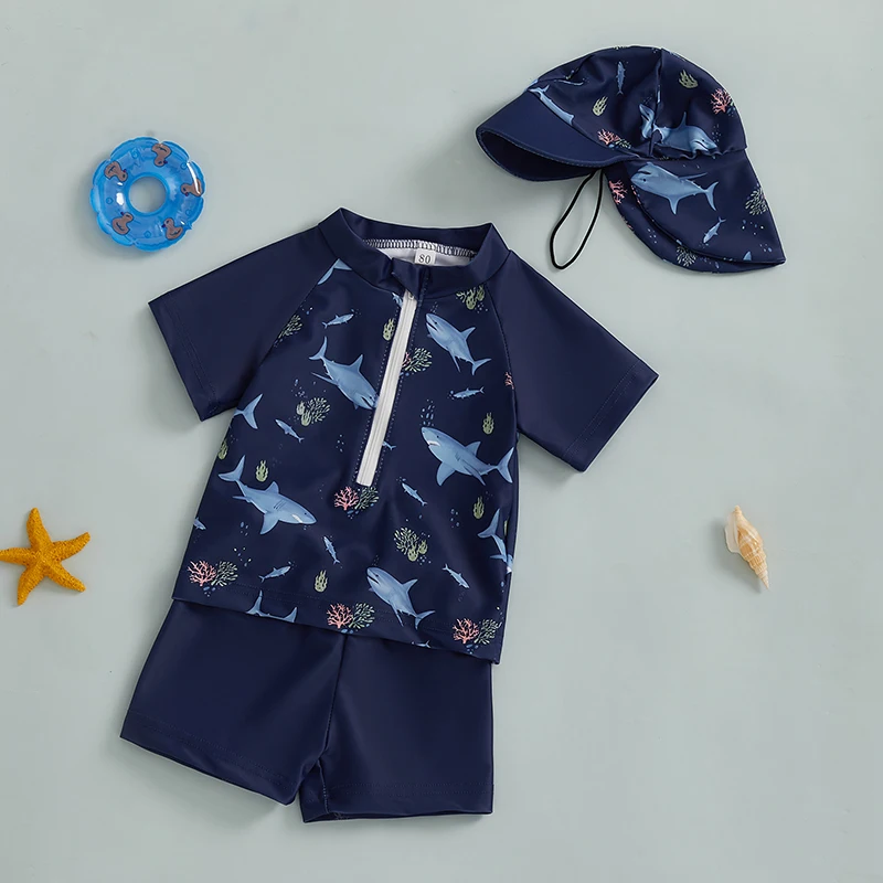 Adorabile set di costumi da bagno per neonati con divertente stampa con chiusura a cerniera, manica corta, costume da bagno Rash Guard - Abbigliamento da spiaggia per l'estate