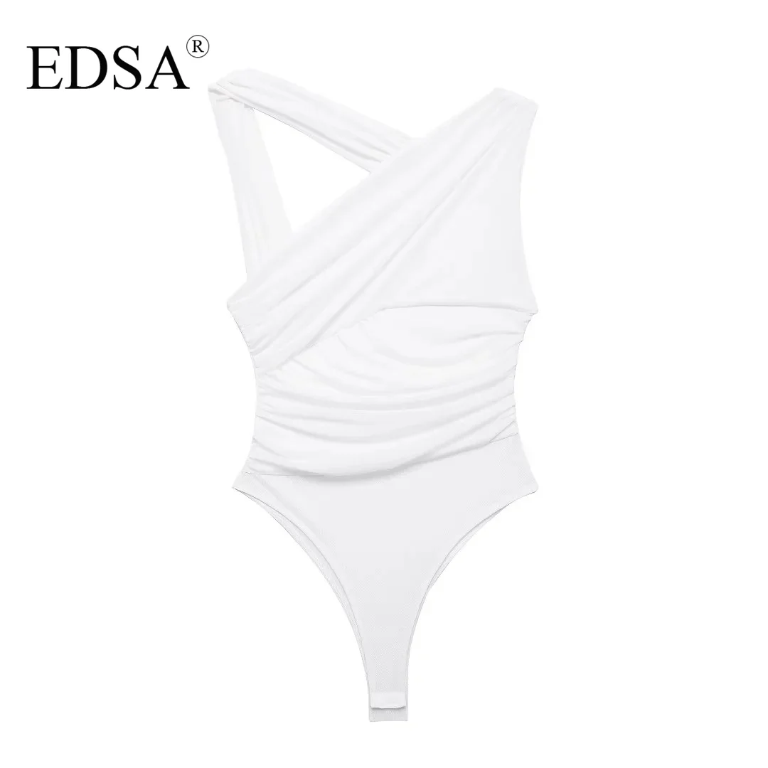 EDSA Women Leopard Tulle Bodysuit 2024 Summer Hollow Out Irregular Straps Snap-botton for Holiday Beach Style Streetwear