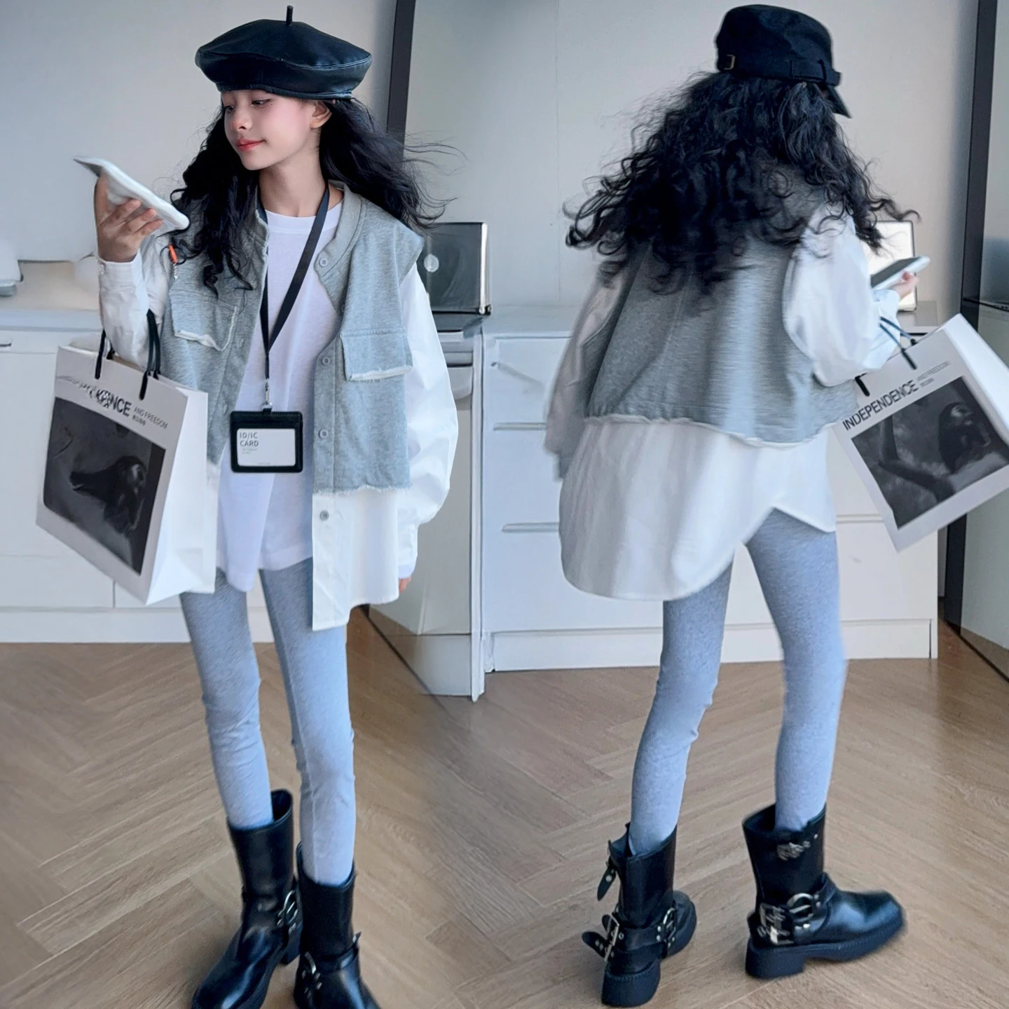 

Young Girl Clothes Set 4-14Y Kid Clothing Set Child 2Piece Of Fake Two Coat Top+Slim Pants Bottom Toddle Streetwear Fashion Suit
