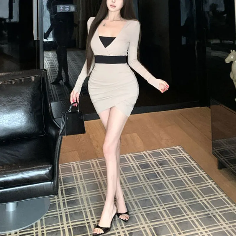 Contrasting Colors Fashion Patchwork Dresses Women's Clothing Long Sleeve Spring Autumn Irregular Waist Folds Bag Hip Mini Dress