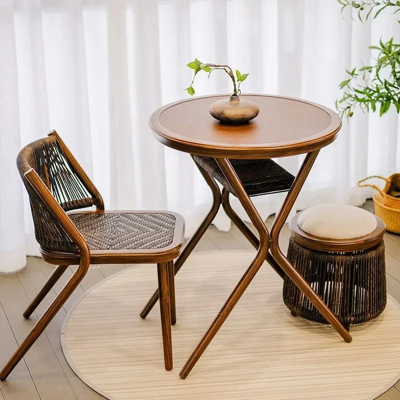 Balcony Table And Chair Rattan Walnut Simple Retro Leisure Bar Combination Outdoor Storage Tea Table Rattan Stool PS30FS