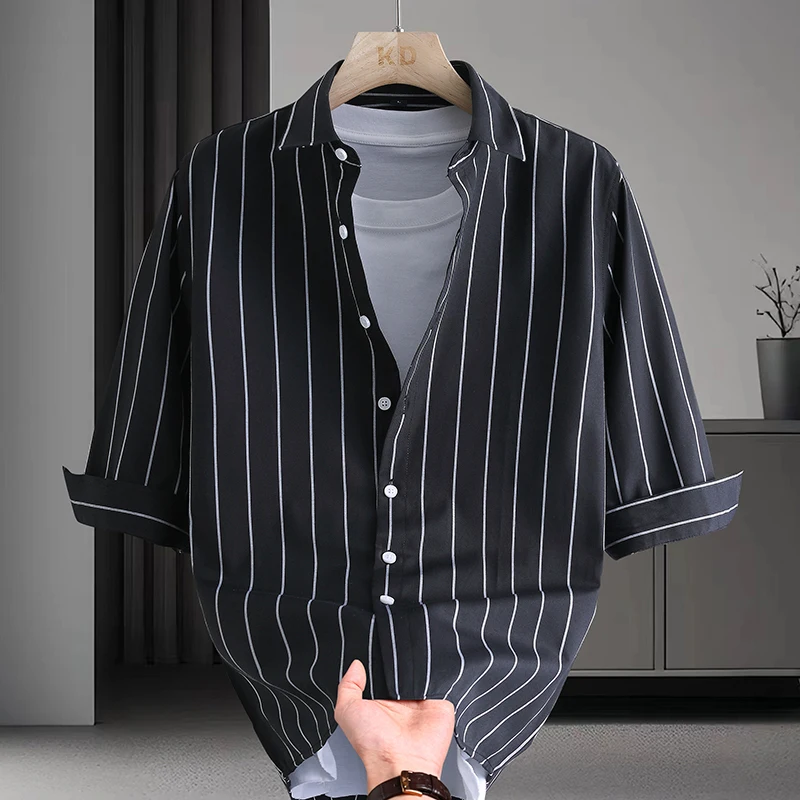2026 Autumn Men's Fashion Casual Multi-Functional Striped Seven-Sleeved Shirt with Short Sleeves
